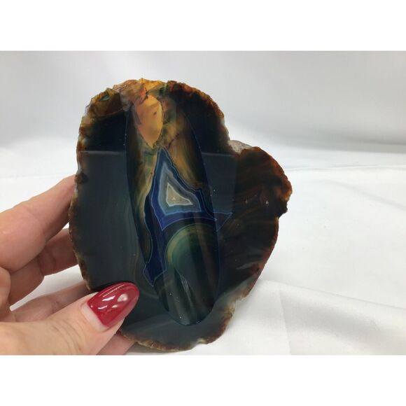 Cut Geode Polished Dresser Trinket Dish Lapidary Stone Blue Gemstone Gorpcore - Picture 3 of 5